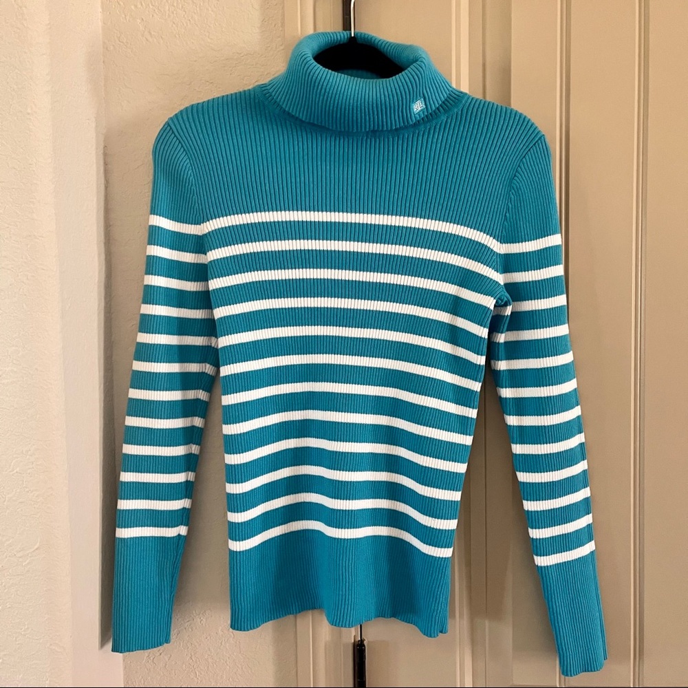 Ralph Lauren S Aqua Blue Stripe Turtleneck Sweater